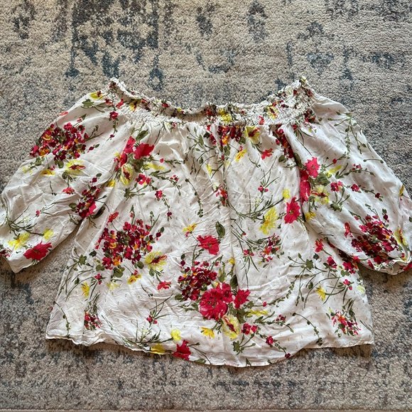 Lane Bryant | Womens 22/24 Off Shoulder White Floral Print 3/4 Sleeve Metallic - Picture 4 of 13